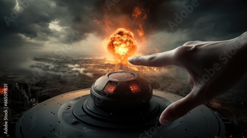 Nuclear Countdown - An ominous hand poised over a giant red button, a stark symbol of global nuclear threat