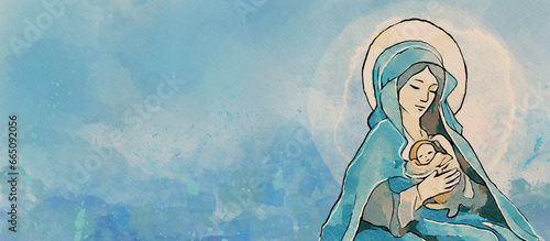 Virgin Mary and Baby Jesus. Watercolor christian banner