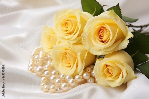 Yellow roses bouquet and pearls,in white background.