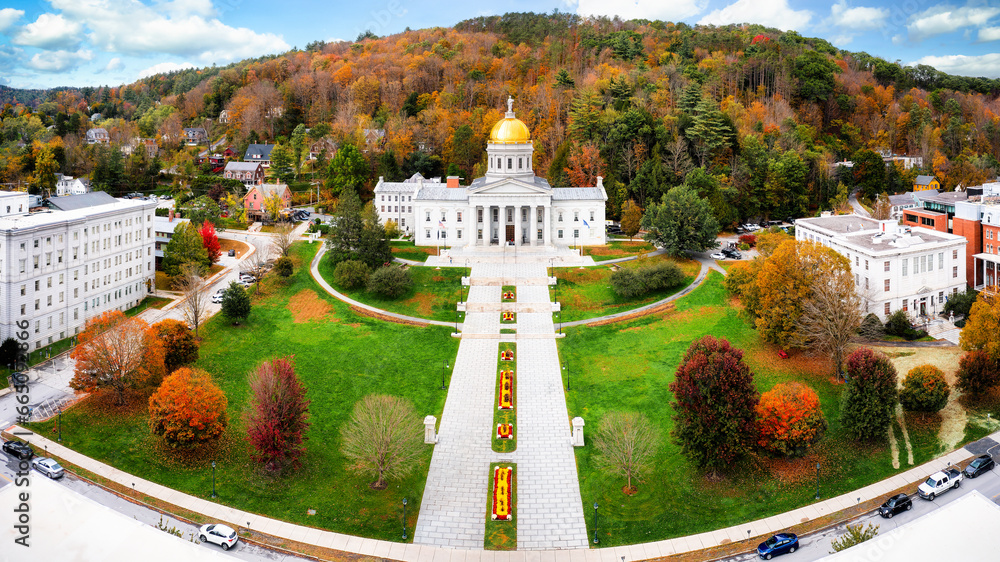 Aerial panorama of Vermont State House, in Montpelier, VT with fall foliage colors. The capitol is the seat of the Vermont General Assembly.