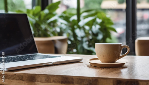 Mug of coffee and laptop with an empty screen on a wooden table in a coffee house with a blurred backdrop