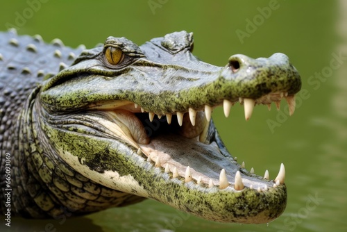Crocodile with its mouth wide open with a green lake in the green background.