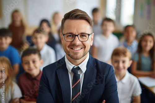 Generative AI portrait of confident male teacher looking at camera schoolkids on background in class room at the elementary school