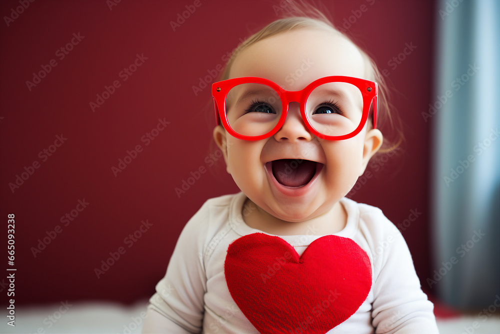 Portrait of adorable beautiful baby in big stylish red glasses having fun celebrating valentine day generative AI technology Portrait of adorable beautiful baby in big stylish red glasses having fun celebrating valentine day generative AI technology