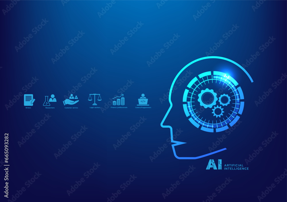 Jobs will replace by AI in future. Artificial intelligence smart technology. Machine learning. Banner blue background. High tech. Cover, Poster, Presentation, Business, infographic Jobs will replace by AI in future. Artificial intelligence smart technology. Machine learning. Banner blue background. High tech. Cover, Poster, Presentation, Business, infographic