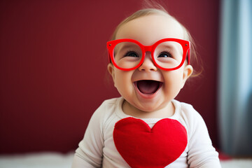 Portrait of adorable beautiful baby in big stylish red glasses having fun celebrating valentine day generative AI technology