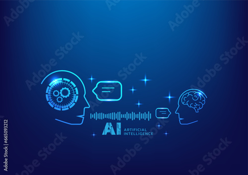 chatbot, chat with ai. Digital chat bot business. Human ask bot. Bot conversation. Smart ai chat bot communicates with human. Artificial intelligence speak blue background. Banner, cover, poster, ads