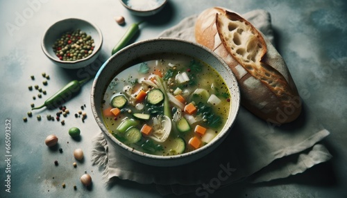 A comforting bowl of soup, rendered in desaturated hues, is brimming with subtle vegetable and herb hints. Paired with a slice of crusty bread, it creates a serene kitchen moment.