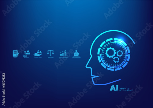Jobs will replace by AI in future. Artificial intelligence smart technology. Machine learning. Banner blue background. High tech. Cover, Poster, Presentation, Business, infographic