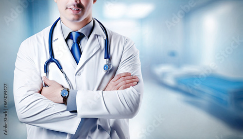 Male doctor in a hospital with a stethoscope photo