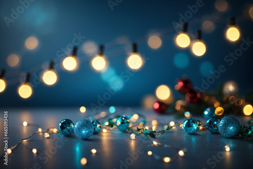 balls Christmas lights garland bokeh lights over blue background. Minimalist holiday 
