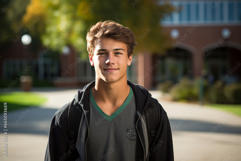 Generative AI photography of happy cheerful male graduate going to school on a sunny september day