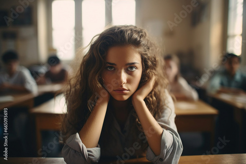 Photography generative AI concept of lovely girl high school student sitting at the table in classroom during lecture