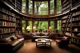 A cozy and well-decorated living space with an extensive book collection