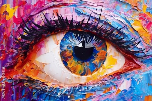 “Fluorite” oil painting. Conceptual abstract picture of the eye. Oil painting in colorful colors. Conceptual abstract closeup of an oil painting and palette knife on canvas. © Anowar