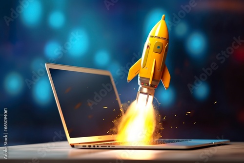 Launching a new product or service. Technology development process. Space rocket launch. 3d render. Yellow rocket lift up from the display laptop. © Anowar