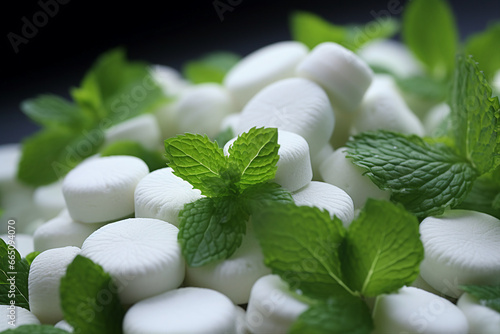 Creative wallpaper of white marshmallows with mint leaves created with generative AI technology