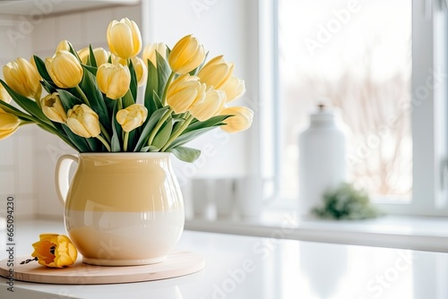 A bouquet of tulips on a white table. #665094230
