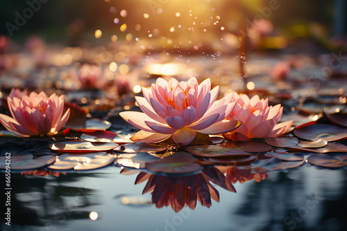 Generative ai picture pf colorful beautiful lotus water lily flower on pond yoga peace calm inspiration photo