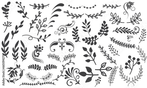 Set of elegant silhouettes of flowers, branches and leaves. Thin hand drawn vector botanical elements