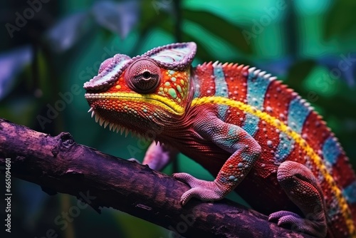 A vibrant reptile perched on a tree branch
