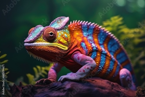 A vibrant reptile perched on a branch in the natural habitat