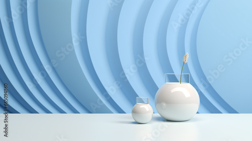 A bottle of milk and a glass of milk on a white table on a curved pattern wall background with copy space