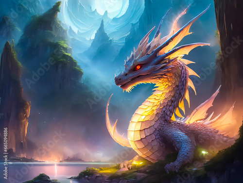 red eyed dragon emerging from a lake © noemi