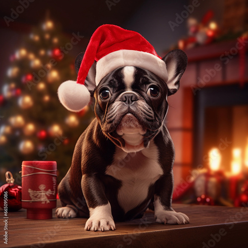 French Bulldog in Christmas Spirit: Wearing a Santa Hat for the Holiday Season © Titus