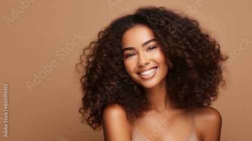 Studio portrait of a young African American woman with curly hair