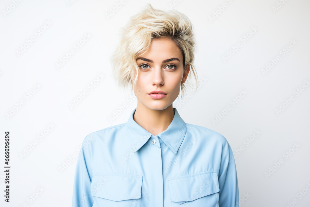 Blonde woman in blue jumpsuit holds camera, studio shot. Blonde woman in blue jumpsuit holds camera, studio shot.