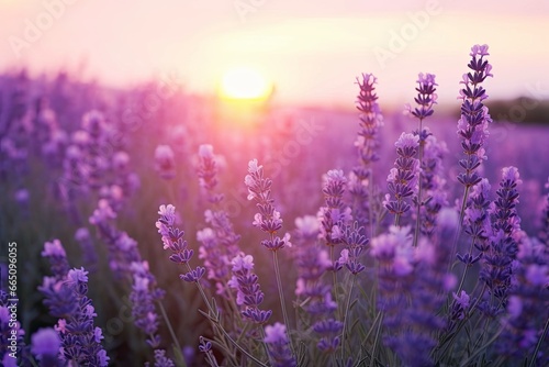 Close up lavender flowers in beautiful field at sunset.