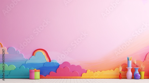 The playroom of kindergarten background with pink  wall decorated with colorful skies s and wooden floors with colorful brush tools