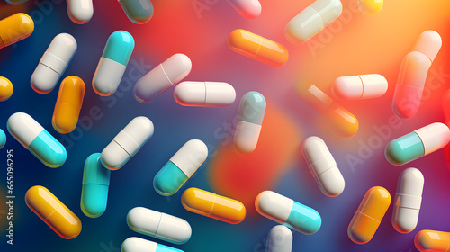 Assorted of colorful medicine pills and supplement capsules background. Generative AI