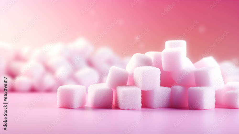 a pile of sugar cubes sitting on top of a pink table and pink room. Sugar ads or health awareness background with copy space a pile of sugar cubes sitting on top of a pink table and pink room. Sugar ads or health awareness background with copy space