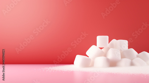  a pile of sugar cubes sitting on top of a pink table and red wall covered in white flecks of sugar. Sugar ads background with copy space