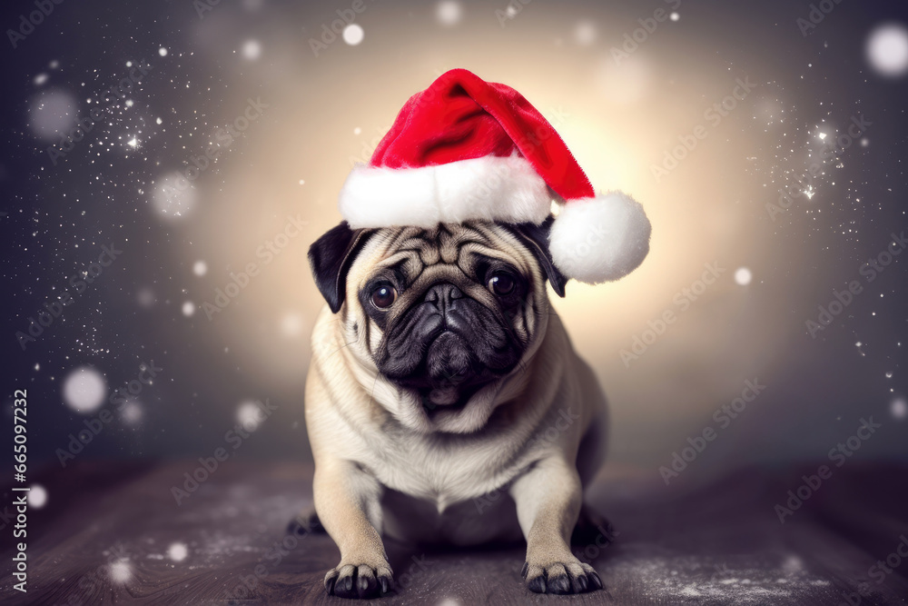 Little cute pug with santa claus hat