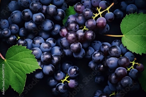 Flat lay background of vines, lots of organic blue dark grapes.