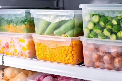 Frozen food in the freezer. Frozen vegetables.