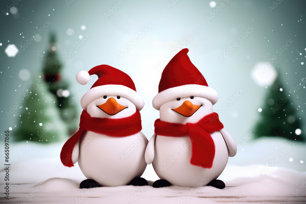 Two cheerful penguins with santa claus hat and red scarfs