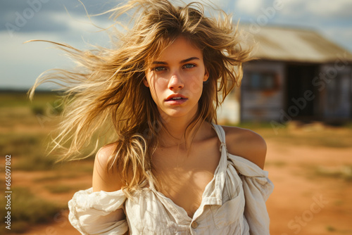 Young woman with tangled hair in colorful dress on deserted road. photo