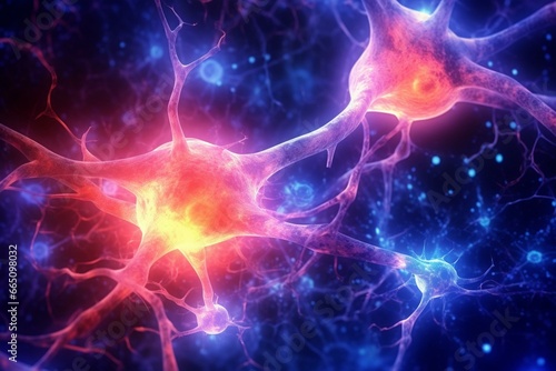 Bright neuron cells connected with luminescent knots. Generative AI