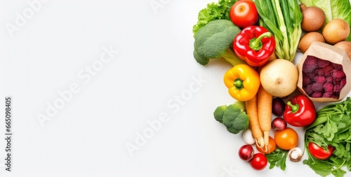 Healthy food in paper bag vegetables and fruits on white background. © Anowar