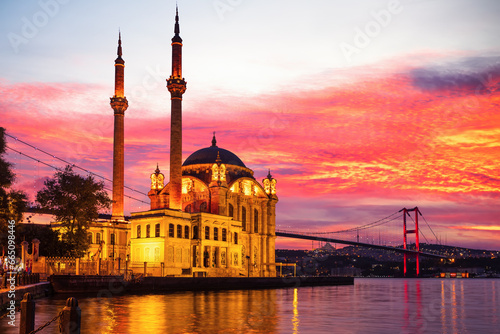Beautiful sunset on the Ortakoy Mosque and the Bosphorus, Istanbul, Turkey