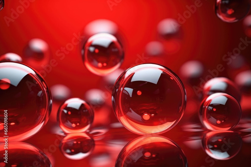 Shiny balls in different sizes on red background. Abstract glossy bubbles. Composition with chaotic floating spheres. Generative AI