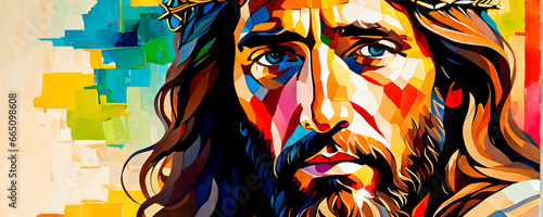 Abstract colorful artwork of Jesus Christ wearing the crown of thorns. Banner format. photo