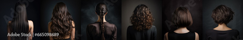 Various haircuts for woman with dark brown brunette hair - long straight, wavy, braided ponytail, small perm, bobcut and short hairs. View from behind on black background. Generative AI photo