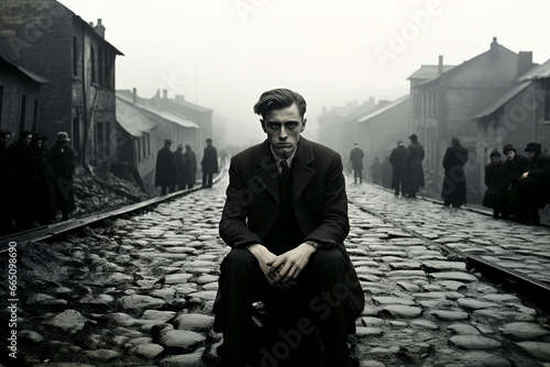 Portrait in the style of a movie still from a psychological thriller. Plot is set in post war London in the 1950's during the Great Smog. photo