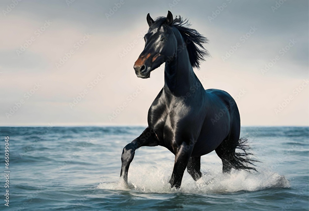 A black Horse running in the water A black Horse running in the water