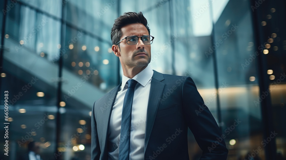 Portrait of a mid adult businessman in front of a modern glass building